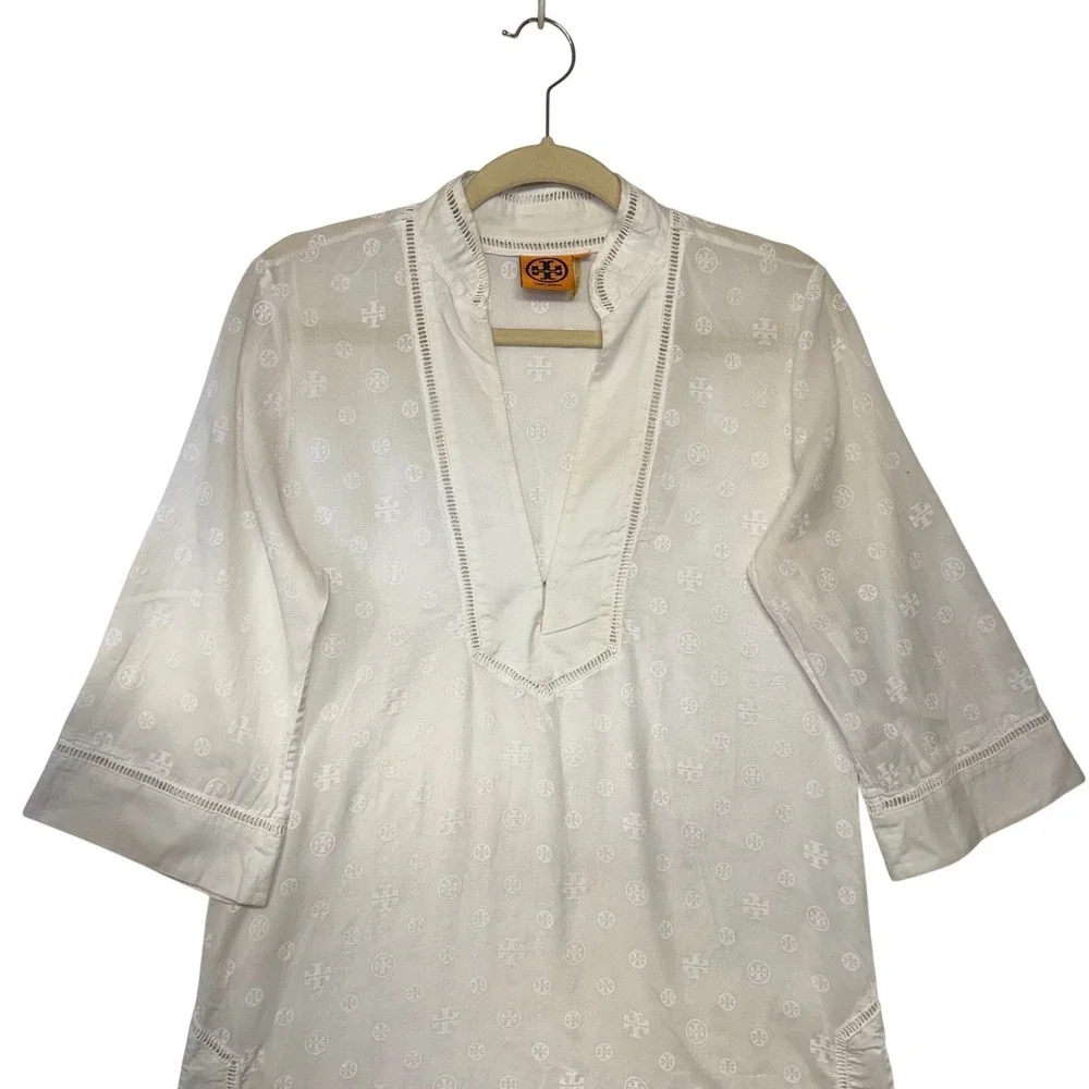 Tory Burch White Logo Print Tunic Quiet Luxury Swim Coverup Dress Elevated Small